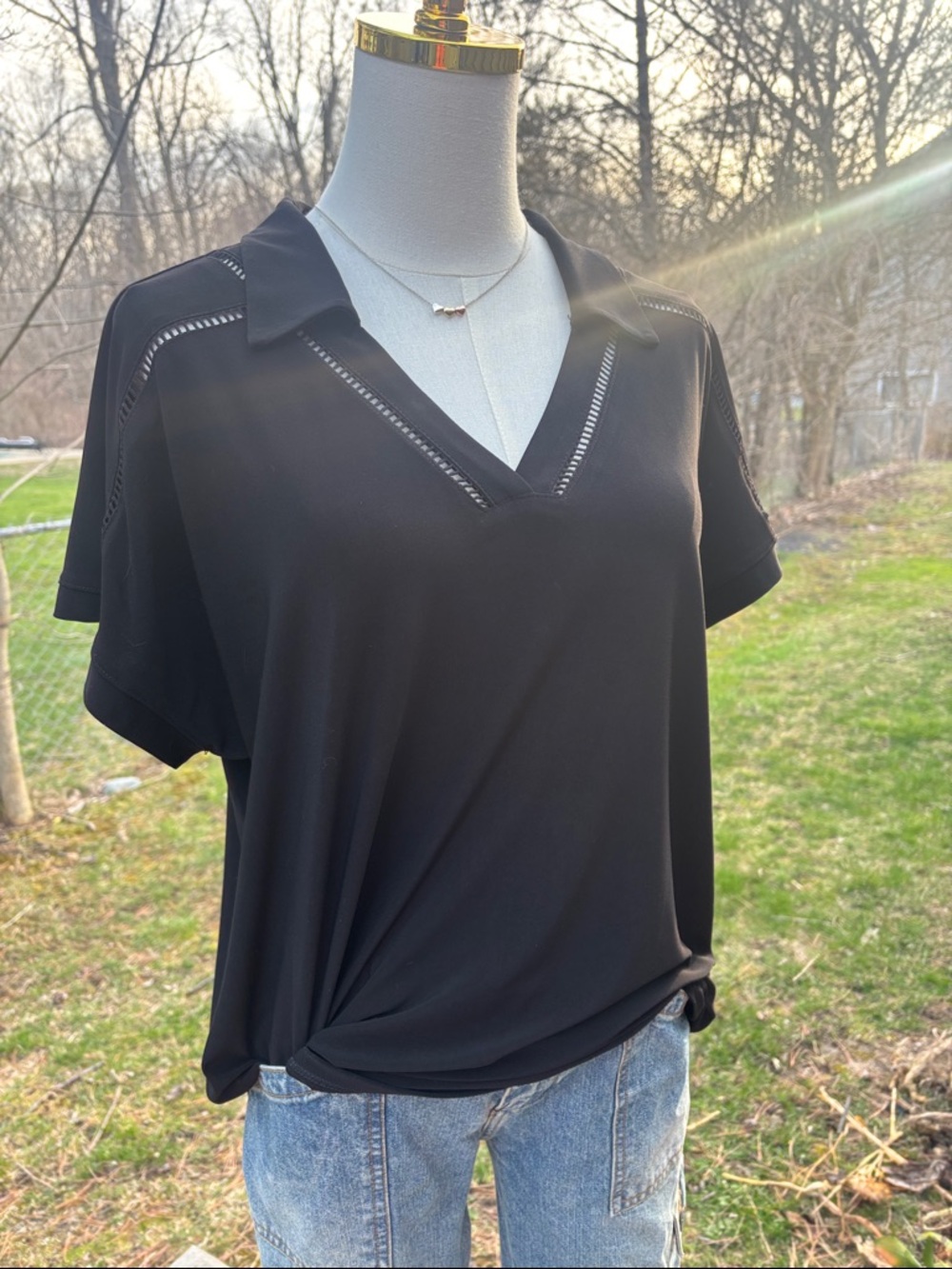 Jones New York Black V-Neck Polo Blouse with Eyelet Trim